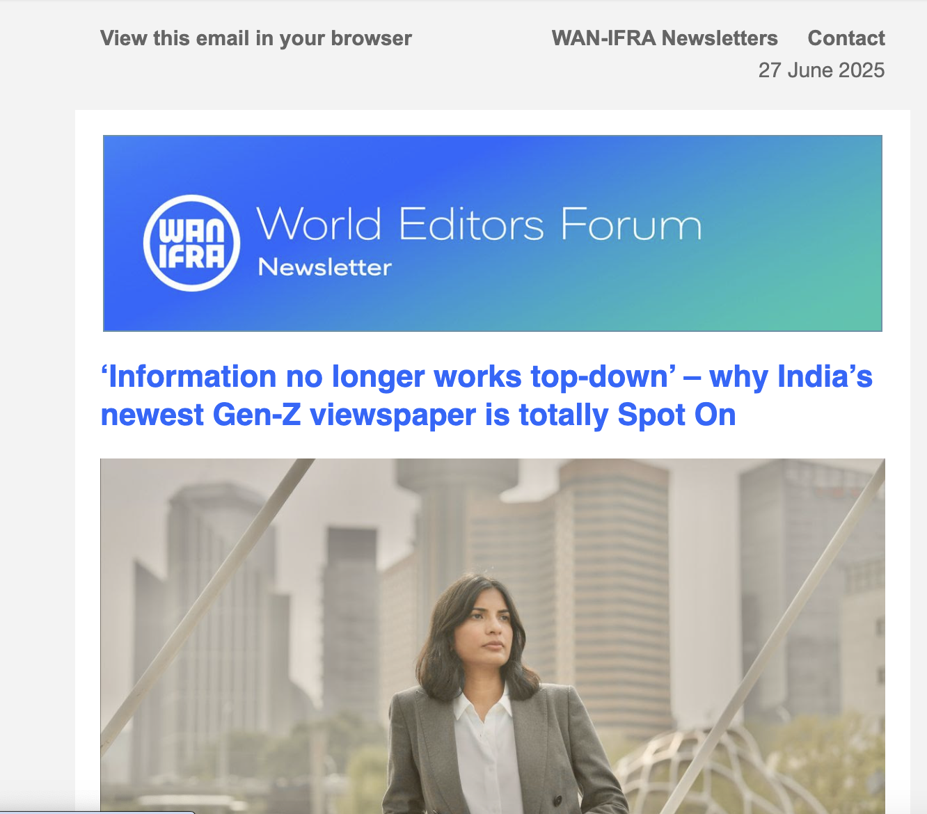 Full screenshot of World Editors Forum newsletter coverage